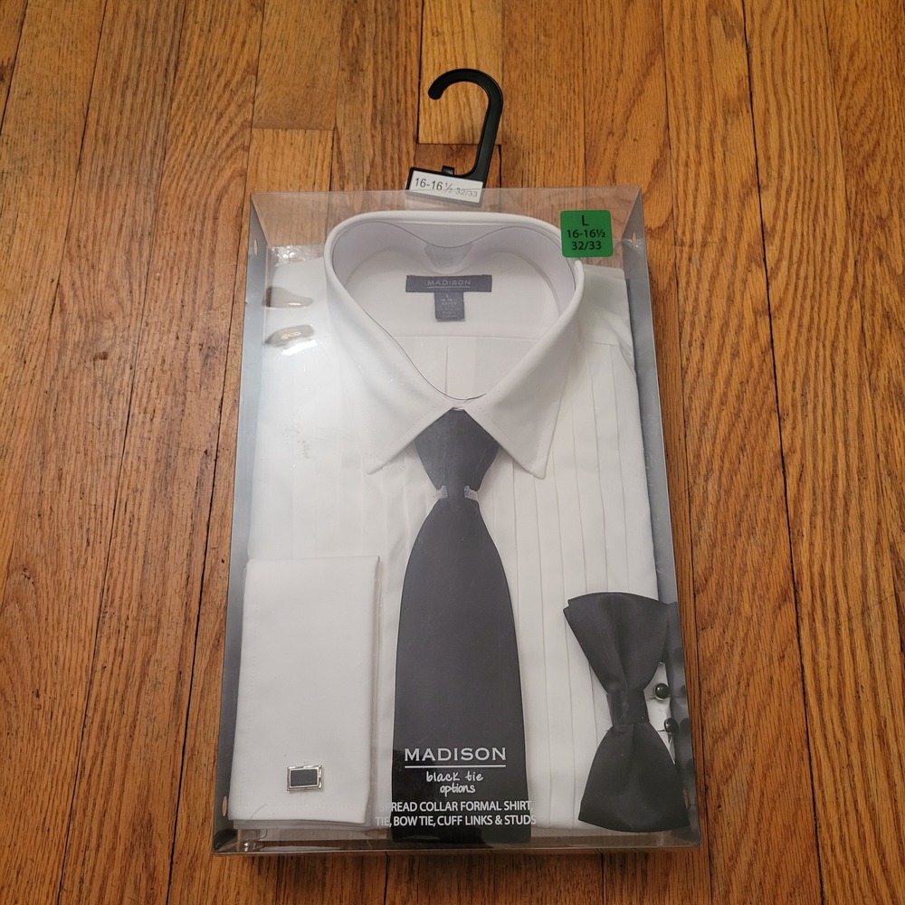 Madison 16-16.5 32/33 Tuxedo Shirt White Pleated Black Tie Options Cuff Links